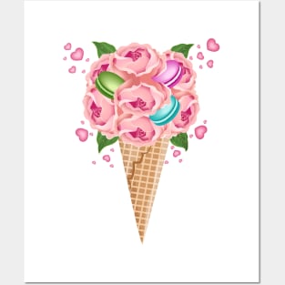 Floral Ice Cream With Macarons Posters and Art